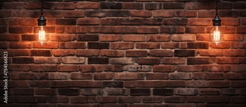 A brick wall is adorned with three vintage light bulbs, casting a warm glow against the rugged texture of the bricks. The bulbs stand out as focal points on the wall, photo