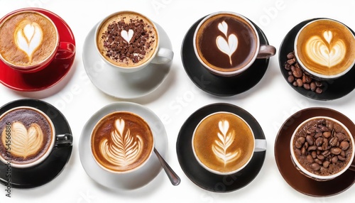 High quality photo. Set with different types of coffee cup, cappuccino, black coffee, Choco 