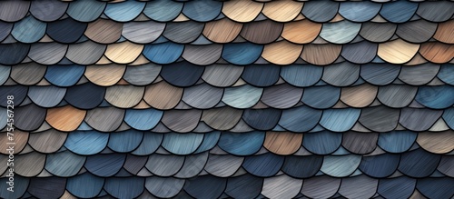 The close-up view showcases a colorful array of vintage wood shingles on a roof, each panel painted in a distinct and lively hue. The vibrant colors create a striking visual pattern photo
