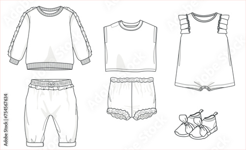 Adorable Designs for Newborns, Vector Illustrations of Baby Clothes, Flat Sketches, and Technical Drawings. Baby Clothing Collection and Sets. Bottom and top set designs for babies.