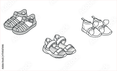 BABY SHOES, vector technical drawing. Baby first step shoes collection mock up design templates. Newborn shoes flat sketch, shoe fashion collection for babies.