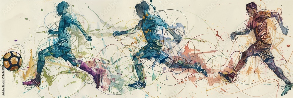 Artistic Football Dynamics: Abstract Watercolor of Players in Energetic Match