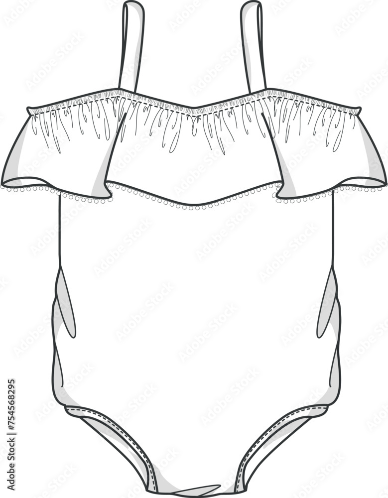 Baby Girl Bodysuit Fashion Flat Sketch Vector Template and Mock Up for Stylish Infant Apparel. Infant Fashion with Editable Technical Drawing Vectors. Babywear collection for designers.