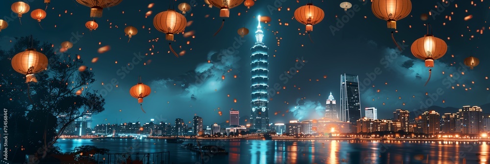 Naklejka premium Taipei 101 and Lantern-filled Skyline at Night: A Stylized Urban Dreamscape