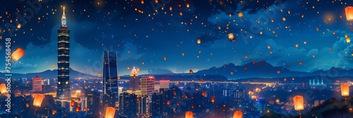 Taipei 101 and Lantern-filled Skyline at Night: A Stylized Urban Dreamscape