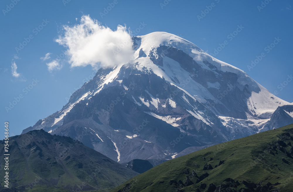 Mount Kazbek in Greater Caucasus Mountains near Gergeti village and Stepantsminda town, Georgia