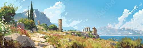 Panoramic Crete Landscape with Ruins Amidst Wildflowers and Sea