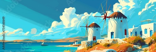The Windmills of Mykonos Vibrantly Illustrated Against the Island's Iconic Blue Skies