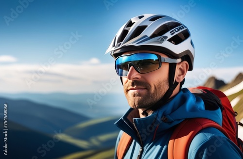 Man wearing helmet and sunglasses glasses stands confidently before towering mountain backdrop ready for adventure, exploration. He may be gearing up for bicycle ride, some other outdoor activity.