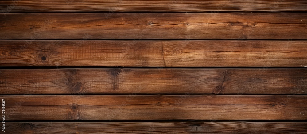 Fototapeta premium A wooden plank wall is prominently displayed against a brown background. The texture of the wood is visible, providing a rustic and natural aesthetic.