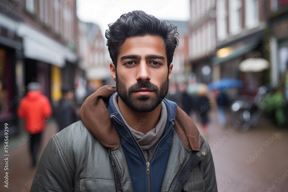 Indian Man in his 20s or 30s talking head shoulders shot bokeh out of focus background on a cosmopolitan western street vox pop website review or questionnaire candid photo - obrazy, fototapety, plakaty 