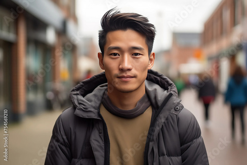 Asian Man in his 20s or 30s talking head shoulders shot bokeh out of focus background on a cosmopolitan western street vox pop website review or questionnaire candid photo
