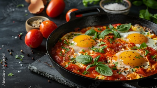 Shakshuka made from two eggs cooked in tomato sauce, with fresh tomatoes, spices, and herbs, all prepared in a black frying pan