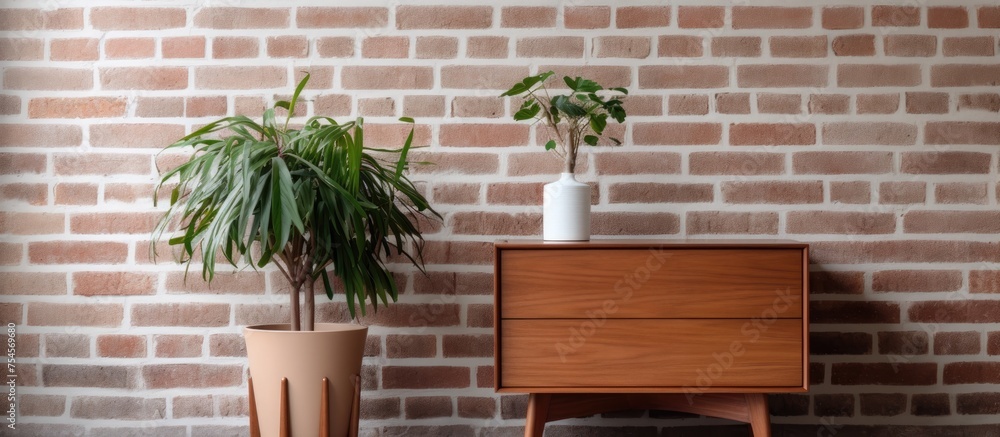 A green plant in a vase sits next to a wooden cabinet in a room with white brick walls. The plant adds a touch of nature to the space, complementing the warm wood tones of the cabinet. A green plant in a vase sits next to a wooden cabinet in a room with white brick walls. The plant adds a touch of nature to the space, complementing the warm wood tones of the cabinet.