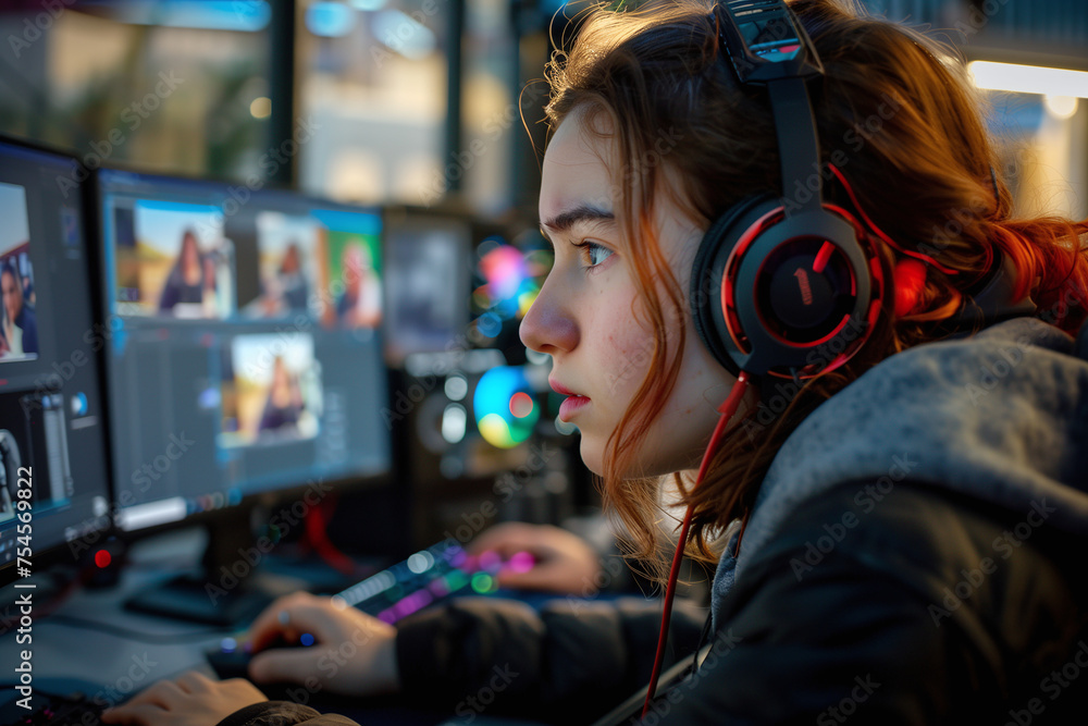 Female Video Editor Working Intensely in Studio Female Video Editor Working Intensely in Studio