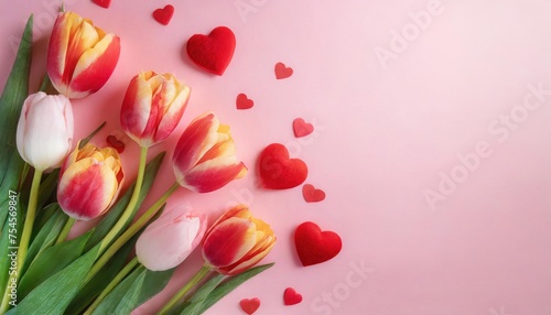 Beautiful tulips and hearts on pink background with space for text. International Women's Day
