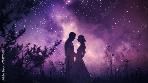 Silhouette of a romantic couple against a starry purple night sky in a field. Cosmic love concept