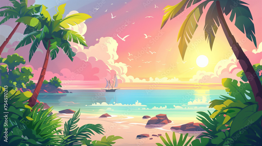 Summer vector cartoon illustration with sea, palm trees and pink sunset banner