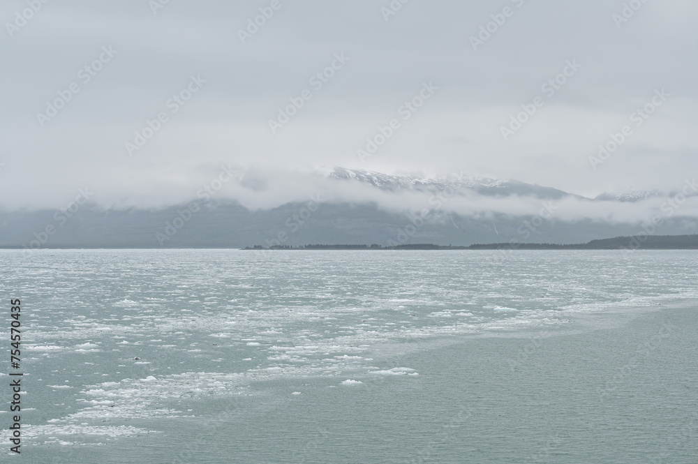 Growlers (small icebergs) floating in College fjord with low clouds hanging in the mountains behind Growlers (small icebergs) floating in College fjord with low clouds hanging in the mountains behind