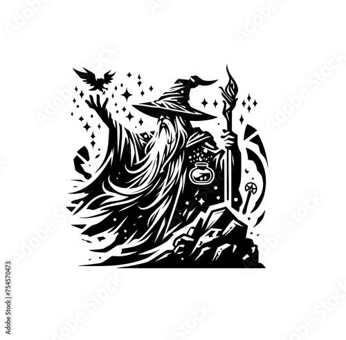 Mystery fantasy wizard monochrome vector illustration