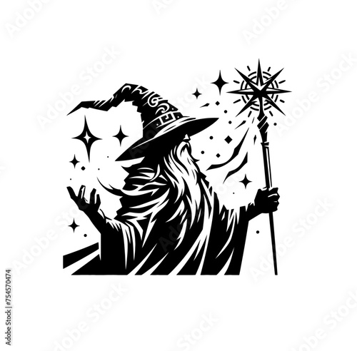 Mystery fantasy wizard monochrome vector illustration