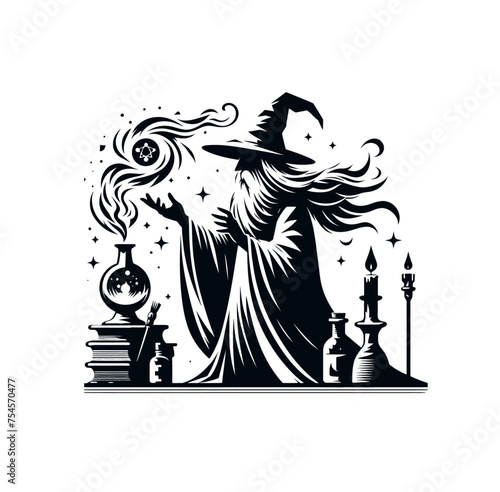 Mystery fantasy wizard monochrome vector illustration