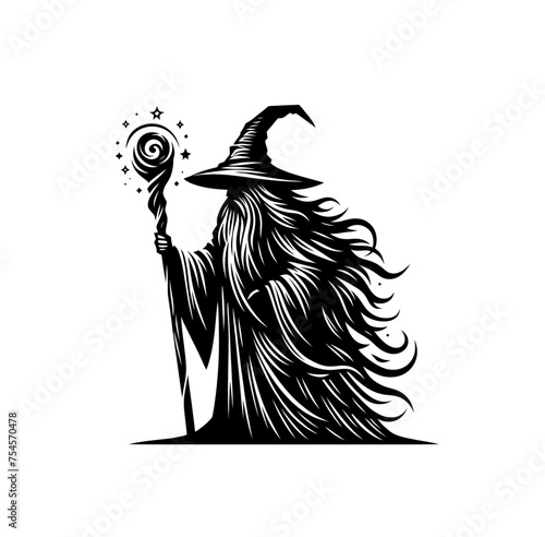 Mystery fantasy wizard monochrome vector illustration