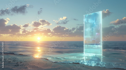 Portal on the Beach Futuristic Digital Another Dimension Time Travel Door Hologram Tunnel Electric Light Clouds Sunset