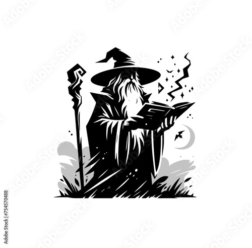 Mystery fantasy wizard monochrome vector illustration