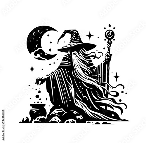 Mystery fantasy wizard monochrome vector illustration
