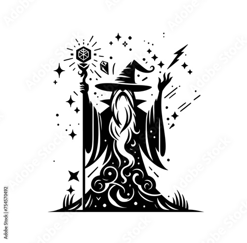 Mystery fantasy wizard monochrome vector illustration