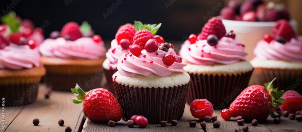 A table is covered with assorted cupcakes adorned with colorful frosting and topped with fresh strawberries. The cupcakes are intricately decorated, with swirls of buttercream and vibrant fruit on