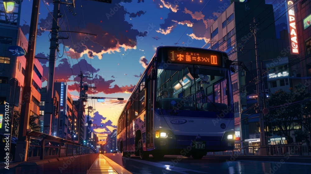 a bus driving in tokyo city in japan in the evening. anime cozy lofi artstyle. wallpaper background 16:9 - obrazy, fototapety, plakaty 