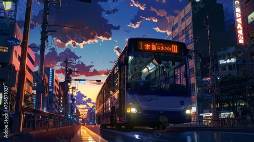 a bus driving in tokyo city in japan in the evening. anime cozy lofi artstyle. wallpaper background 16:9 photo