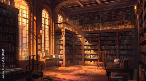 a school library in cozy cartoonish anime art style. wallpaper background 16:9 photo