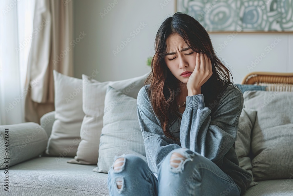 Young Asian Woman Suffering in Quiet Living Room Young Asian Woman Suffering in Quiet Living Room