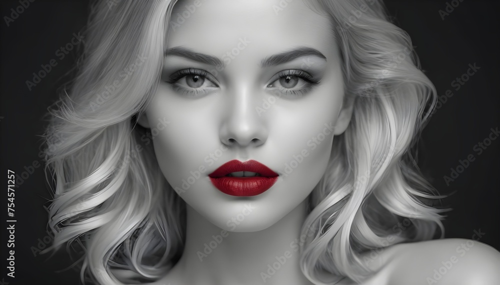 Fototapeta premium Pop-art framework, blonde model woman portrait, black and white with red lips