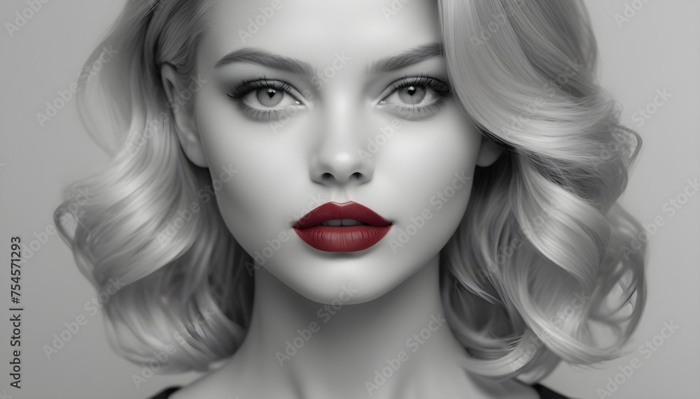 Pop-art framework, blonde model woman portrait, black and white with red lips Pop-art framework, blonde model woman portrait, black and white with red lips