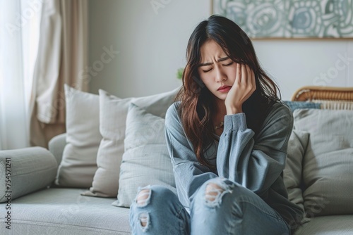 Young Asian Woman Suffering in Quiet Living Room