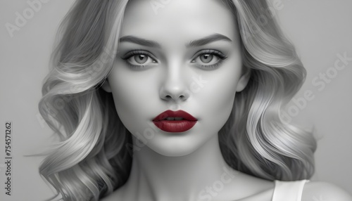 Pop-art framework  blonde model woman portrait  black and white with red lips