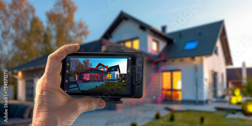 Hand holding a thermographic inspection device for examining heat loss in a single-family house. Thermovision image of residential house. Infrared thermovision image. 