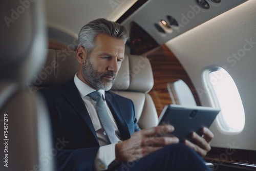 Grey-Haired Businessman in Navy Suit on Private Jet with Tablet