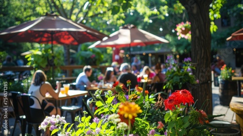 Outdoor restaurant patio with people dining among vibrant flowers. Leisure and dining concept. Outdoor eatery scene with greenery.