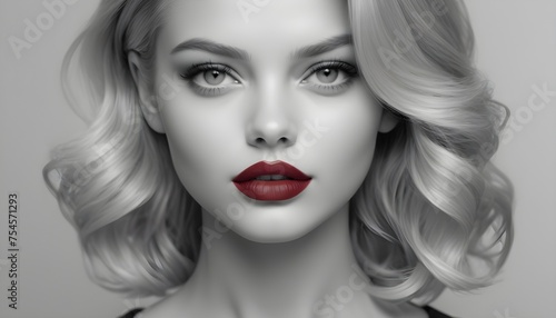 Pop-art framework, blonde model woman portrait, black and white with red lips