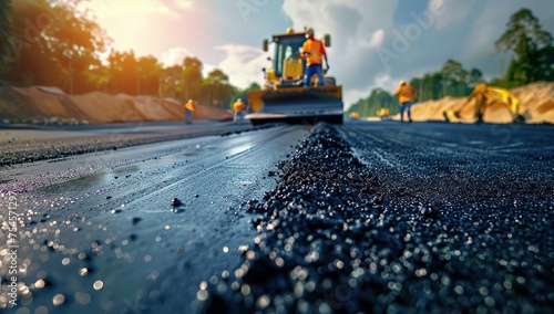 Road Construction with Asphalt Workers in Action