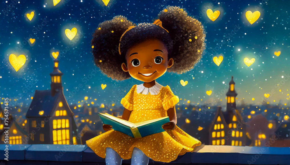 Child sitting on rooftop surrounded by heart shaped fireflies and a starry night. Child sitting on rooftop surrounded by heart shaped fireflies and a starry night.