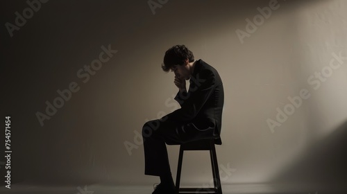 Person in deep contemplation sitting on a chair, isolated against a neutral background