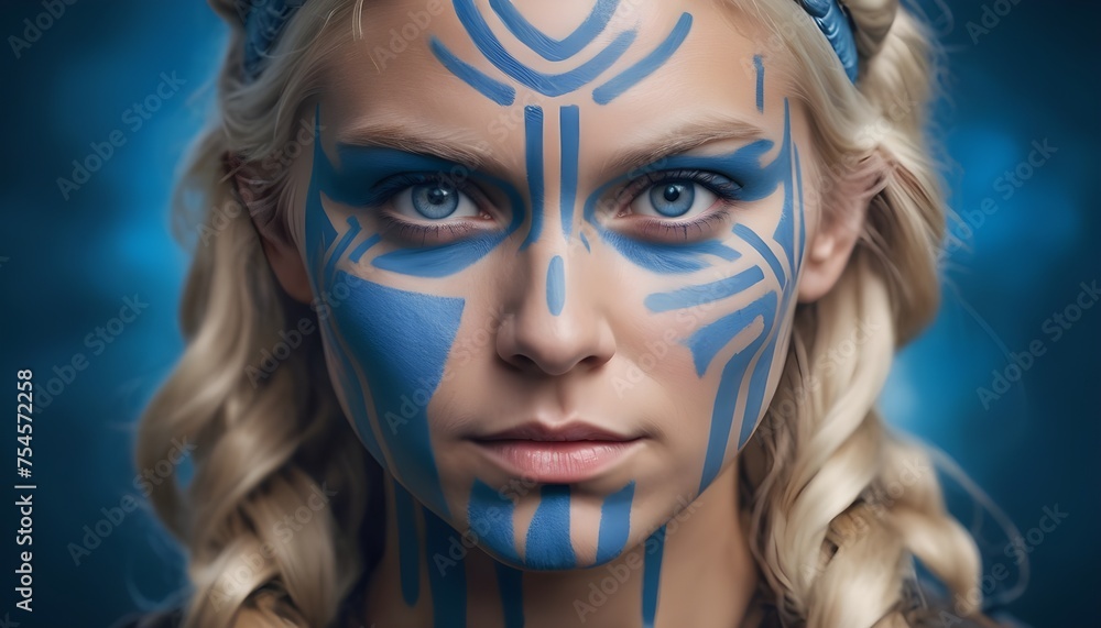 Blonde model dressed like a viking woman with blue paint signs on her face portrait, close-up