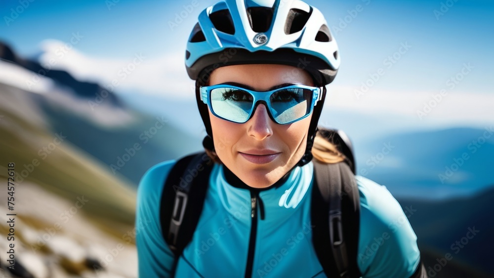 Woman wearing helmet and sunglasses glasses stands confidently before towering mountain backdrop ready for adventure, exploration.She may be gearing up for bicycle ride or some other outdoor activity. Woman wearing helmet and sunglasses glasses stands confidently before towering mountain backdrop ready for adventure, exploration.She may be gearing up for bicycle ride or some other outdoor activity.