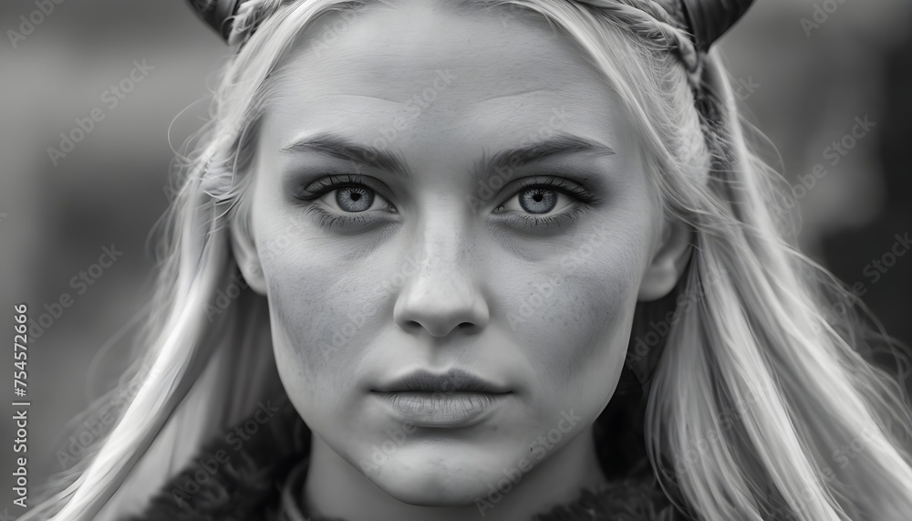 Blonde viking waoman model with blue eyes close-up portrait, black and white Blonde viking waoman model with blue eyes close-up portrait, black and white